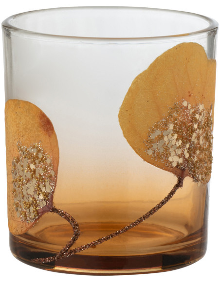 Photophore original Feuilles séchées Diamètre 7 cm en Verre Ocre Transparent Avec paillettes Javoria - 1