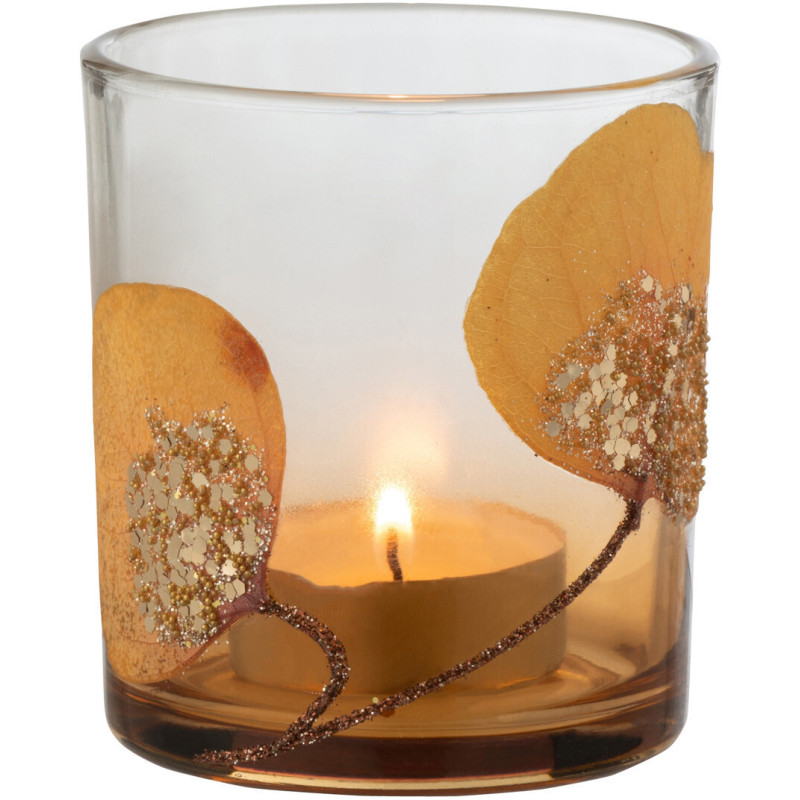 Photophore original Feuilles séchées Diamètre 7 cm en Verre Ocre Transparent Avec paillettes Javoria - 3