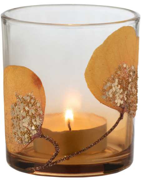 Photophore original Feuilles séchées Diamètre 7 cm en Verre Ocre Transparent Avec paillettes Javoria - 3