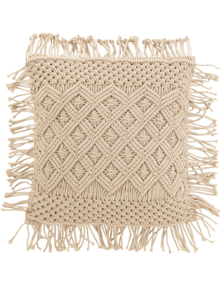 Coussin Carré Cosy 45x45 en Coton Beige Motif macramé Avec franges J-Line - 1