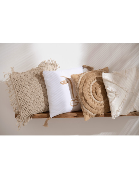 Coussin Carré Cosy 45x45 en Coton Beige Motif macramé Avec franges J-Line - 2