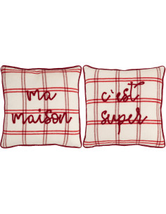 Coussin original Ma Maison C'est Super Carré 44x44 en Tissu Rouge Blanc Motif carreaux Isarion (Lot de 2) - 1