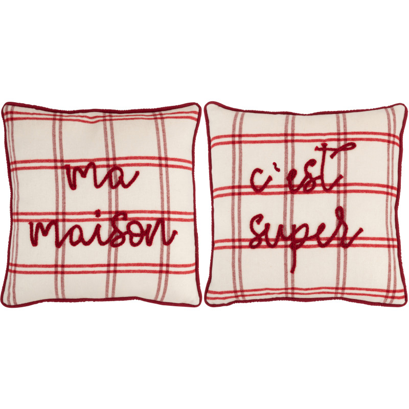 Coussin original Ma Maison C'est Super Carré 44x44 en Tissu Rouge Blanc Motif carreaux Isarion (Lot de 2) - 1