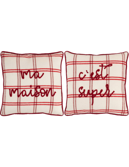 Coussin original Ma Maison C'est Super Carré 44x44 en Tissu Rouge Blanc Motif carreaux Isarion (Lot de 2) - 1