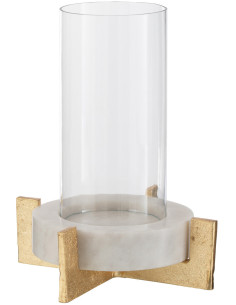 Photophore modern sur pied Hauteur 31 cm en Verre Transparent Marbre Gris Métal Doré Edyra - 1