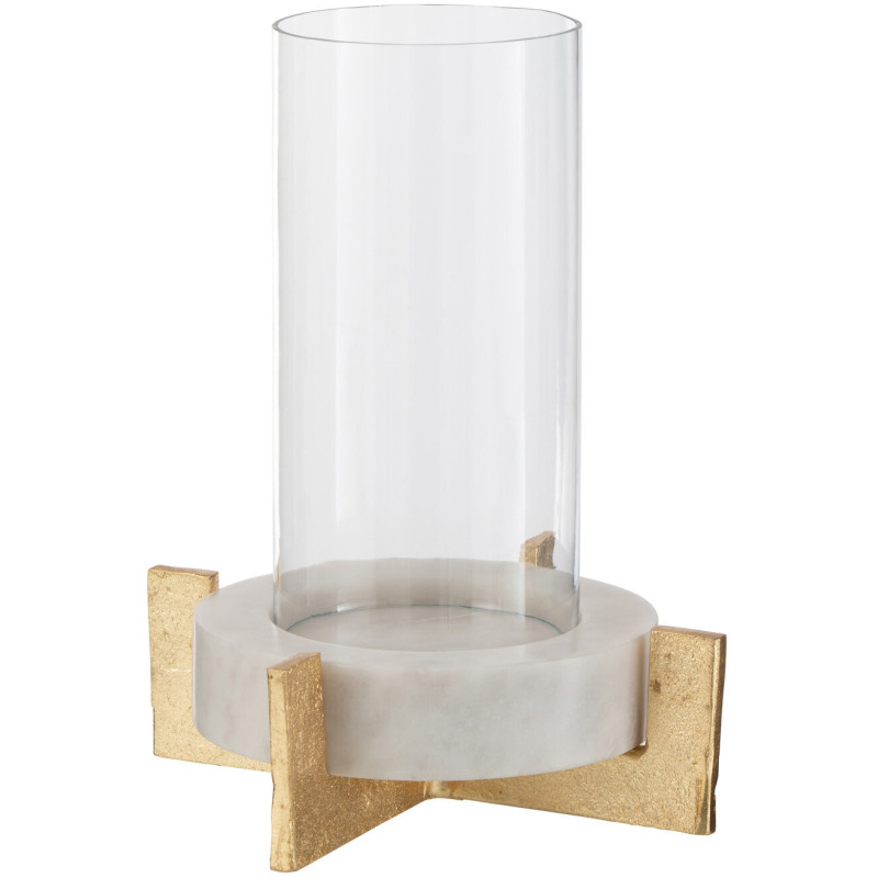 Photophore modern sur pied Hauteur 31 cm en Verre Transparent Marbre Gris Métal Doré Edyra - 1