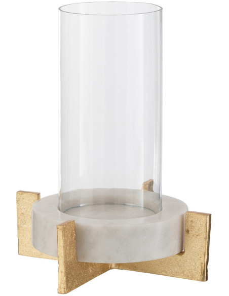 Photophore modern sur pied Hauteur 31 cm en Verre Transparent Marbre Gris Métal Doré Edyra - 1