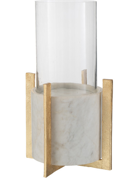 Photophore modern sur pied XL Hauteur 38 cm en Verre Transparent Marbre Gris Métal Doré Edyra - 1