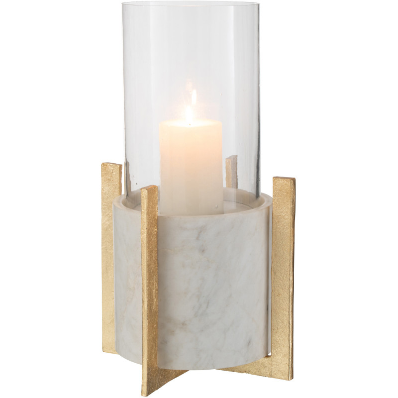 Photophore modern sur pied XL Hauteur 38 cm en Verre Transparent Marbre Gris Métal Doré Edyra - 2