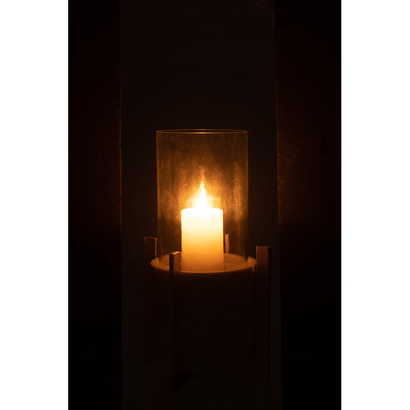 Photophore modern sur pied XL Hauteur 38 cm en Verre Transparent Marbre Gris Métal Doré Edyra - 4