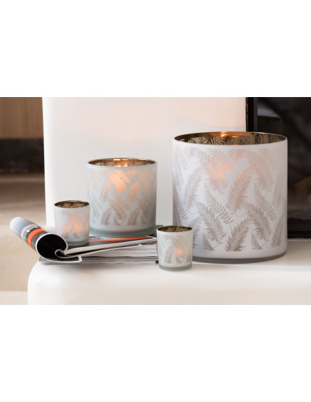 Photophore moderne Diamètre 8 cm en Verre Blanc Vert Motif feuilles Denos - 2