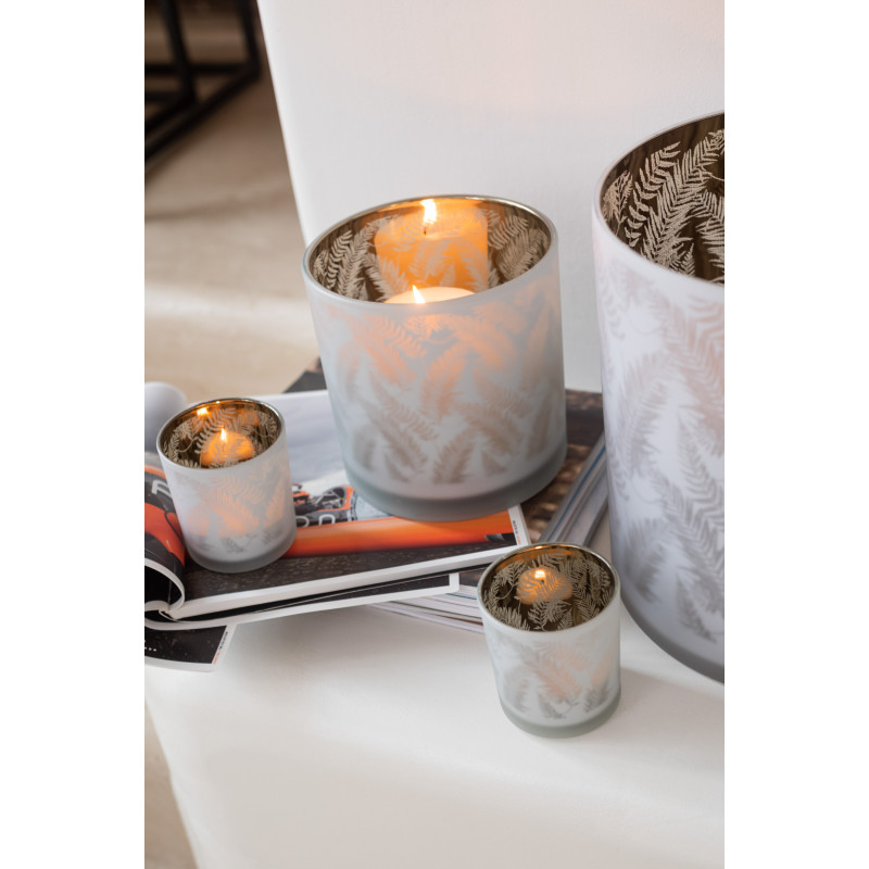 Photophore moderne XL Diamètre 15 cm en Verre Blanc Vert Motif feuilles Denos - 5