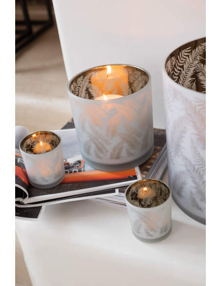 Photophore moderne XL Diamètre 15 cm en Verre Blanc Vert Motif feuilles Denos - 5