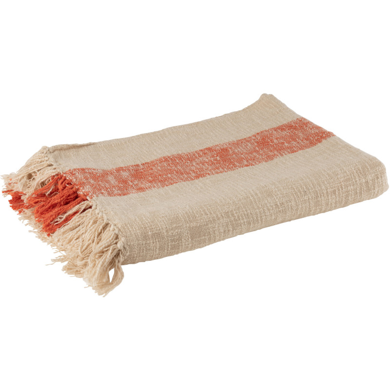 Plaid XL 140x200 Emma en Coton Orange Beige Motif rayures - 1