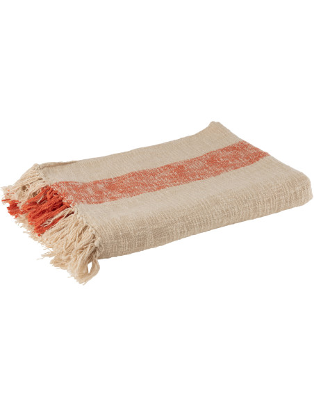 Plaid XL 140x200 Emma en Coton Orange Beige Motif rayures - 1