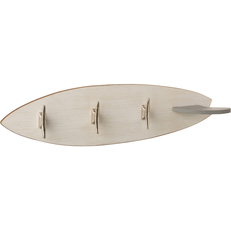 Porte manteau mural original Planche de surf 66 cm 5 crochets en Bois Blanc Métal Argenté Selvar - 1