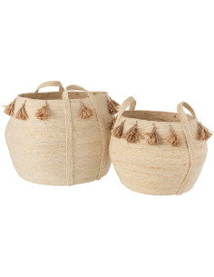 Panier de rangement original Rond en Maïs Beige Naturel Avec pompons Noryth (Lot de 2) - 1