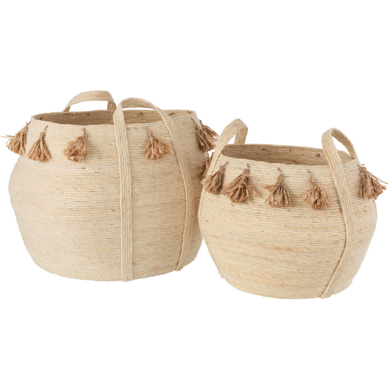 Panier de rangement original Rond en Maïs Beige Naturel Avec pompons Noryth (Lot de 2) - 1