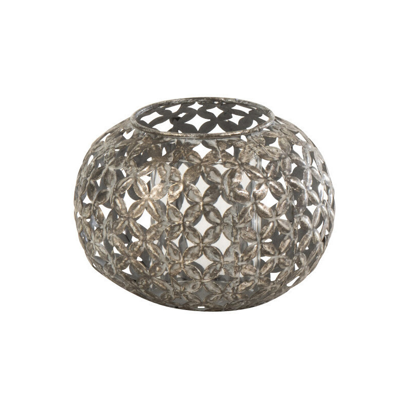 Photophore vintage ajouré Diamètre 14 cm en Métal Gris Vieilli Motif fleurs Joran - 1