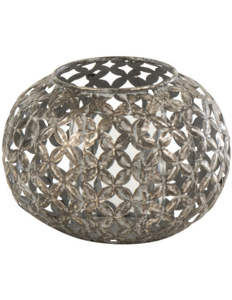 Photophore vintage ajouré Diamètre 14 cm en Métal Gris Vieilli Motif fleurs Joran - 1