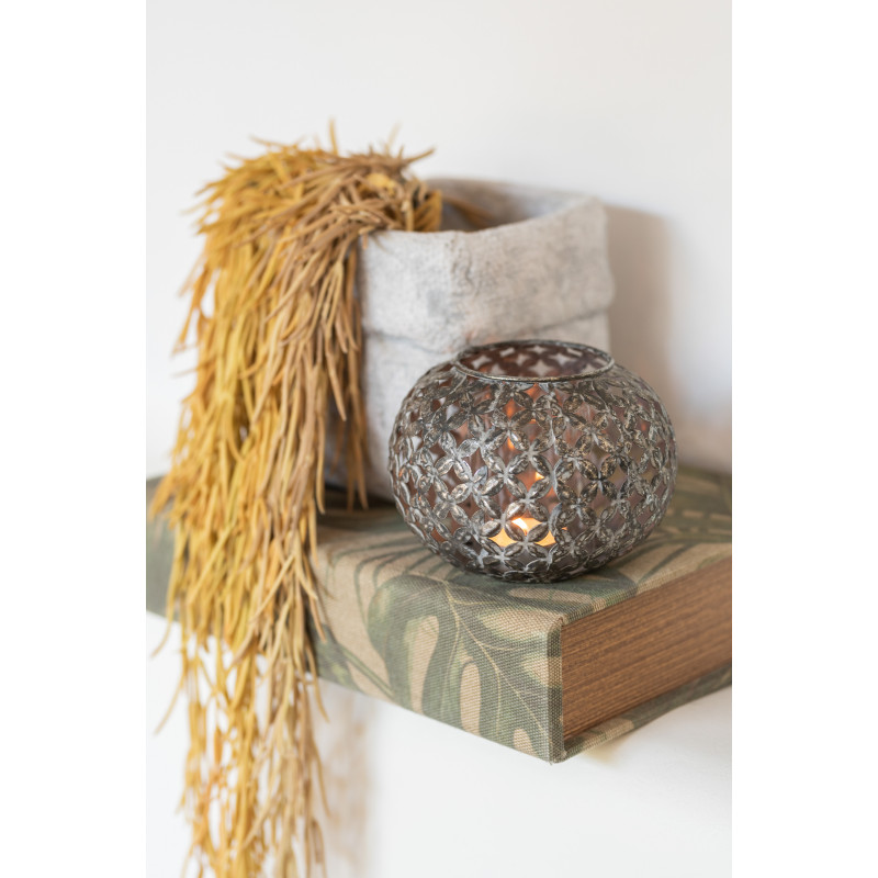 Photophore vintage ajouré Diamètre 14 cm en Métal Gris Vieilli Motif fleurs Joran - 2