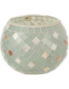 Photophore original rond XL Diamètre 15 cm en Verre Vert clair Gris nacré Motif mosaïque Lomos - 1