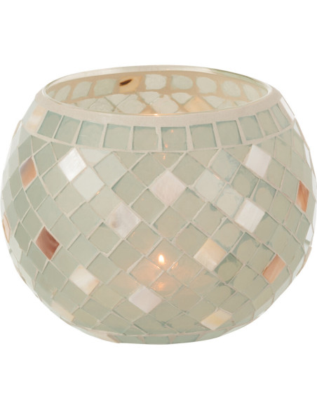 Photophore original rond XL Diamètre 15 cm en Verre Vert clair Gris nacré Motif mosaïque Lomos - 2