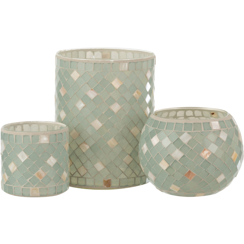 Photophore original cylindre XL Diamètre 15 cm en Verre Vert clair Gris nacré Motif mosaïque Lomos - 5