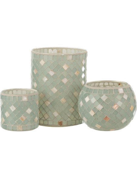 Photophore original cylindre XL Diamètre 15 cm en Verre Vert clair Gris nacré Motif mosaïque Lomos - 5