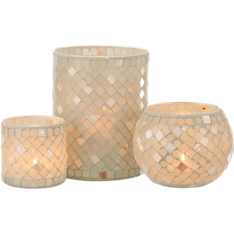 Photophore original cylindre XL Diamètre 15 cm en Verre Vert clair Gris nacré Motif mosaïque Lomos - 6