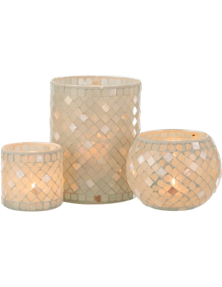 Photophore original cylindre XL Diamètre 15 cm en Verre Vert clair Gris nacré Motif mosaïque Lomos - 6