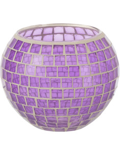 Photophore moderne rond XL Diamètre 15 cm en Verre Mauve Motif mosaïque Orenz - 1
