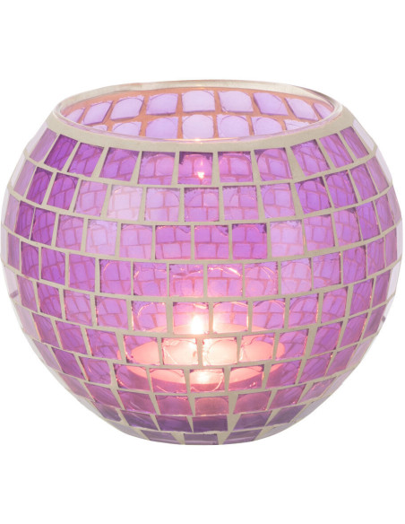 Photophore moderne rond XL Diamètre 15 cm en Verre Mauve Motif mosaïque Orenz - 2