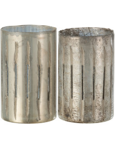 Photophore original XXL Hauteur 20 cm en Verre Argenté Motif lignes Arnonk (Lot de 2) - 1