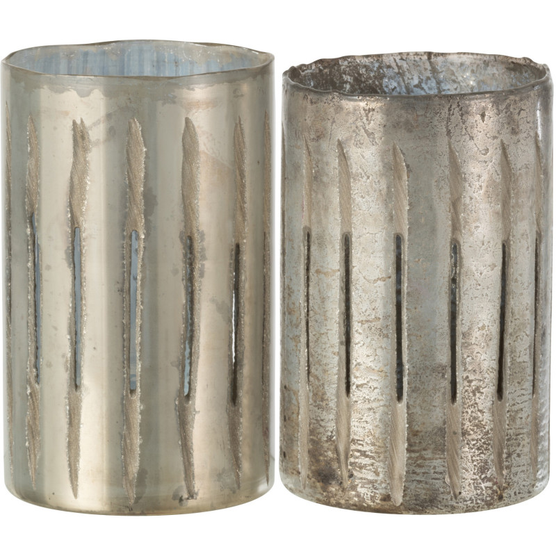 Photophore original XXL Hauteur 20 cm en Verre Argenté Motif lignes Arnonk (Lot de 2) - 1
