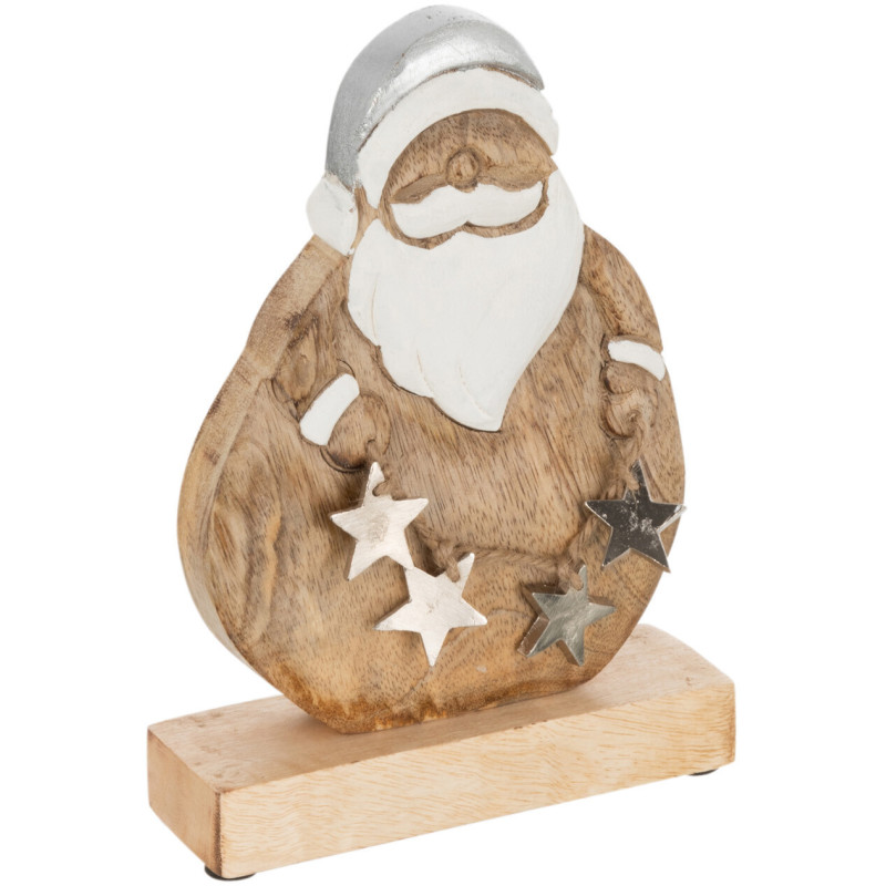 Décoration de Noël Père Noël avec étoiles 20 cm en Bois de manguier Naturel Argenté - 1