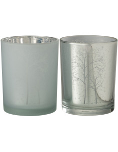 Photophore moderne Diamètre 10 cm en Verre Argenté Blanc Motif arbres Eralon (Lot de 2) - 1