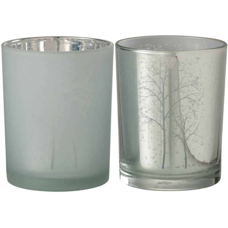 Photophore moderne Diamètre 10 cm en Verre Argenté Blanc Motif arbres Eralon (Lot de 2) - 1