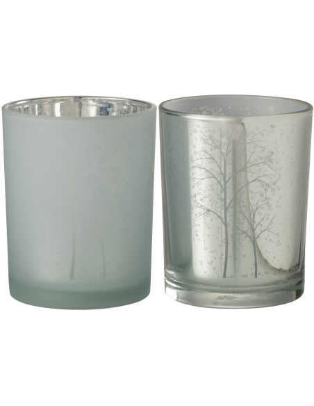 Photophore moderne Diamètre 10 cm en Verre Argenté Blanc Motif arbres Eralon (Lot de 2) - 1
