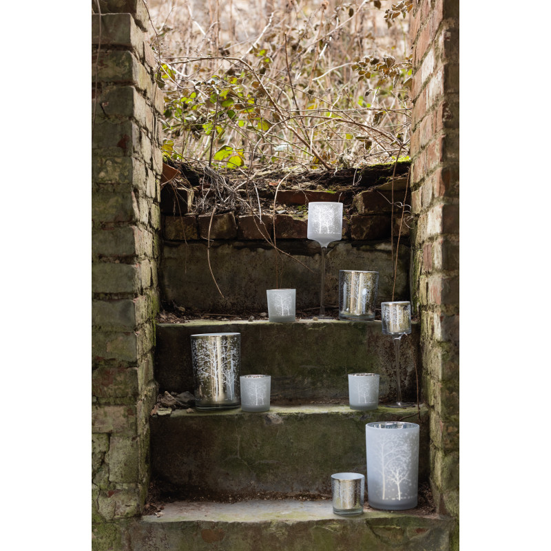 Photophore moderne Diamètre 10 cm en Verre Argenté Blanc Motif arbres Eralon (Lot de 2) - 2