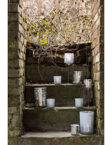 Photophore moderne Diamètre 10 cm en Verre Argenté Blanc Motif arbres Eralon (Lot de 2) - 2