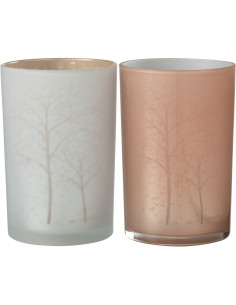 Photophore moderne Diamètre 12 cm en Verre Rose saumon Blanc Motif arbres Eralon (Lot de 2) - 1
