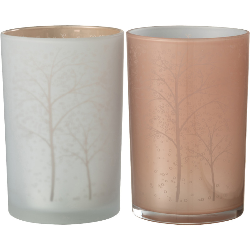Photophore moderne Diamètre 12 cm en Verre Rose saumon Blanc Motif arbres Eralon (Lot de 2) - 1