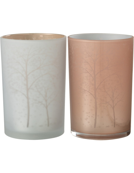 Photophore moderne Diamètre 12 cm en Verre Rose saumon Blanc Motif arbres Eralon (Lot de 2) - 1