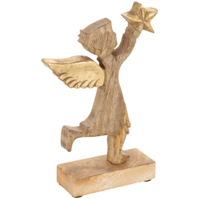 Décoration de Noël Ange avec étoile 20 cm en Bois de manguier Naturel Doré - 1