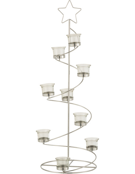 Photophore Sapin de Noël Spirale 9 bougies Hauteur 71 cm en Métal Argenté Verre Transparent Ysiono - 1