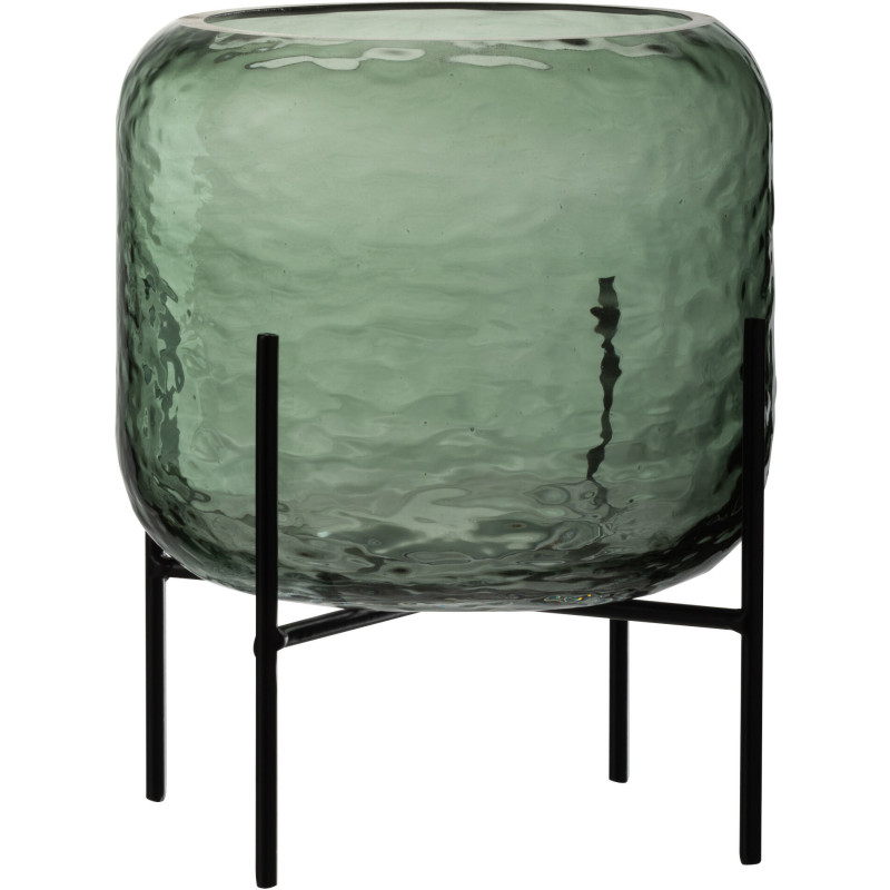 Vase Rond Balaji Hauteur 25 cm en Verre Vert Métal Noir Sur Pied J-Line - 1