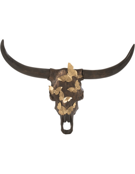 Décoration murale originale XXL Crâne Papillons 93 cm en Résine Marron Doré Thurios - 1