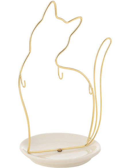 Porte bijoux original Chat Hauteur 27 cm en Métal Doré Porcelaine Blanc Tovian - 1