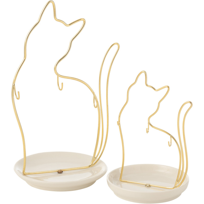 Porte bijoux original Chat Hauteur 27 cm en Métal Doré Porcelaine Blanc Tovian - 2